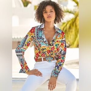 NWOT Boston Proper La Dolce Scarf Print Sophia Button Up Charmeuse Blouse Size 4